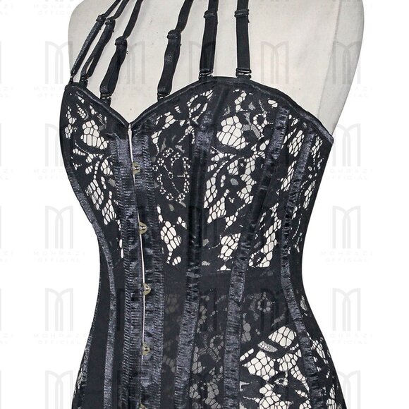 Fullbust Sheer Eyelash Lace Corset with Satin Boning & Collar - Picture 2 of 3
